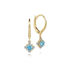 Discount Gabriel & Co. 14K Yellow Gold Round Swiss Blue Topaz and Diamond Drop Earrings