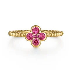Discount Gabriel & Co. 14K Yellow Gold Ruby Cluster Clover and Bujukan Bead Stackable Ring