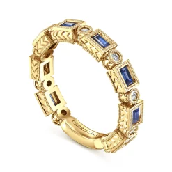 Outlet Gabriel & Co. 14K Yellow Gold Sapphire Baguette and Diamond Round Stackable Ring