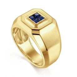 Best Gabriel & Co. 14K Yellow Gold Signet Ring with Princess Cut Sapphires
