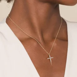 New Gabriel & Co. 14K Yellow Gold Spike Graduating Diamond Cross Necklace