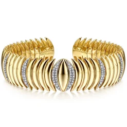 New Gabriel & Co. 14K Yellow Gold Stacked Crescent Cuff Bracelet with Pave Diamond Stations