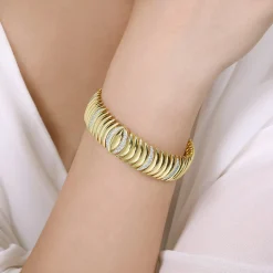 New Gabriel & Co. 14K Yellow Gold Stacked Crescent Cuff Bracelet with Pave Diamond Stations