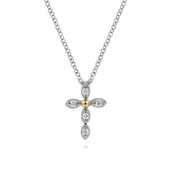 New Gabriel & Co. 14K Yellow Gold 925 Sterling Silver Diamond Cross Pendant Necklace