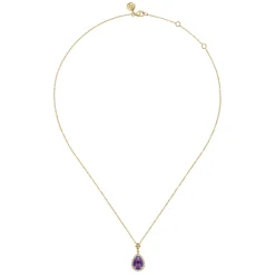 Gabriel & Co. 14K Yellow Gold Teardrop Amethyst with Diamond Halo Necklace