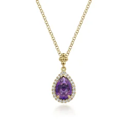 Gabriel & Co. 14K Yellow Gold Teardrop Amethyst with Diamond Halo Necklace