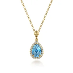 Sale Gabriel & Co. 14K Yellow Gold Teardrop Blue Topaz with Diamond Halo Necklace