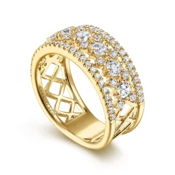 Discount Gabriel & Co. 14K Yellow Gold Three Row Diamond Wide Band Ring