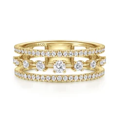 Sale Gabriel & Co. 14K Yellow Gold Three Row Diamond Station Ring
