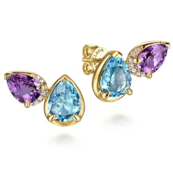 Sale Gabriel & Co. 14K Yellow Gold Toi et Moi Diamond Blue Topaz and Amethyst Stud Earrings
