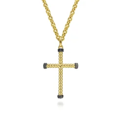 Sale Gabriel & Co. 14K Yellow Gold Twisted Rope Cross Pendant with Black Diamonds