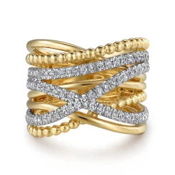 Best Gabriel & Co. 14K Yellow Gold Wide Bujukan Criss Cross Diamond Ring