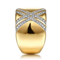 Best Gabriel & Co. 18K Yellow Gold Wide Diamond Ring with Diamond Criss Crossing Rows