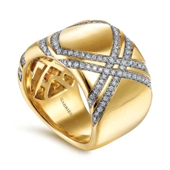 Best Gabriel & Co. 18K Yellow Gold Wide Diamond Ring with Diamond Criss Crossing Rows