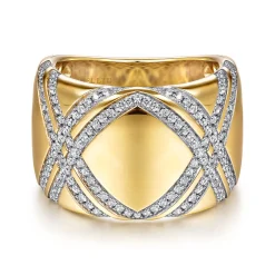 Best Gabriel & Co. 18K Yellow Gold Wide Diamond Ring with Diamond Criss Crossing Rows