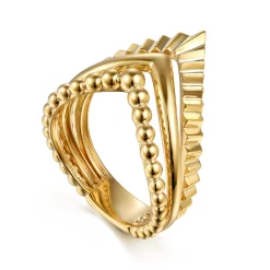 Clearance Gabriel & Co. 14K Yellow Plain Gold Bujukan and Diamond Cut Texture Chevron Ring