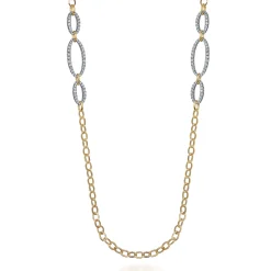 Gabriel & Co. 14K Yellow-White Chain Necklace woth Oval Pave Diamond Stations