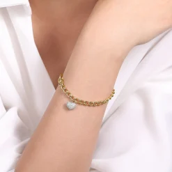New Gabriel & Co. 14K Yellow-White Gold Chain Link Bracelet with Pave Diamond Puff Heart Charm