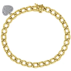 New Gabriel & Co. 14K Yellow-White Gold Chain Link Bracelet with Pave Diamond Puff Heart Charm