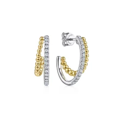 Discount Gabriel & Co. 14K Yellow-White Gold 20 mm Diamond and Bead Double Row Classic Hoop Earrings