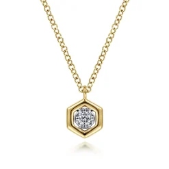 Best Gabriel & Co. 14K Yellow-White Gold Round Diamond Pendant Necklace with Hexagonal Frame