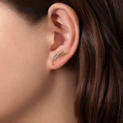 Clearance Gabriel & Co. 14K Yellow-White Gold Triple Split Curved Bar Bujukan Diamond Stud Earrings