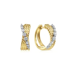 New Gabriel & Co. 14K Yellow-White Gold Twisted 15mm Diamond Huggie Earrings
