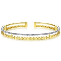 New Gabriel & Co. 14K Yellow-White Split Cuff with Pyramids and Diamonds