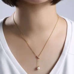 Best Gabriel & Co. Layered Y Necklace 14K Yellow Gold Diamond and Pearl 0.04ct