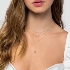 Best Gabriel & Co. Layered Y Necklace 14K Yellow Gold Diamond and Pearl 0.04ct