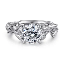 New Gabriel & Co. Lena - 14K White Gold Floral Round Diamond Engagement Ring