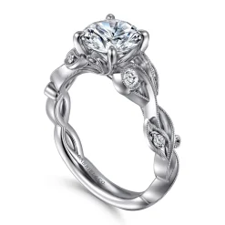 New Gabriel & Co. Lena - 14K White Gold Floral Round Diamond Engagement Ring