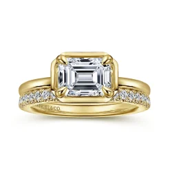 Clearance Gabriel & Co. Linen - 14K Yellow Gold East West and Bezel Prong Emerald Cut Diamond Engagement Ring