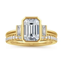 Gabriel & Co. Liora - 14K Yellow Gold Emerald Cut Three Stone Bezel Set Diamond Engagement Ring