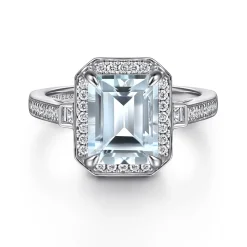Clearance Gabriel & Co. Luiza - 14K White Gold Emerald Three Stone Halo Aquamarine and Diamond Engagement Ring
