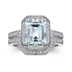 Clearance Gabriel & Co. Luiza - 14K White Gold Emerald Three Stone Halo Aquamarine and Diamond Engagement Ring