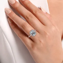 Clearance Gabriel & Co. Luiza - 14K White Gold Emerald Three Stone Halo Aquamarine and Diamond Engagement Ring