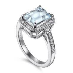Clearance Gabriel & Co. Luiza - 14K White Gold Emerald Three Stone Halo Aquamarine and Diamond Engagement Ring