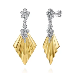 New Gabriel & Co. Lumiere - 14K White Yellow Gold Diamond and Diamond Cut Stud Drop Earrings