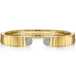New Gabriel & Co. Lumiere - 14K Yellow Gold Diamond Open Cuff Bangle in Diamond Cut Texture