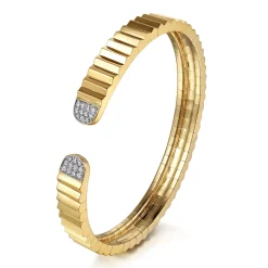 New Gabriel & Co. Lumiere - 14K Yellow Gold Diamond Open Cuff Bangle in Diamond Cut Texture
