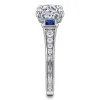 New Gabriel & Co. Lunaria - Vintage Inspired 14K White Round Three Stone Sapphire and Diamond Engagement Ring