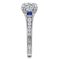 New Gabriel & Co. Lunaria - Vintage Inspired 14K White Round Three Stone Sapphire and Diamond Engagement Ring