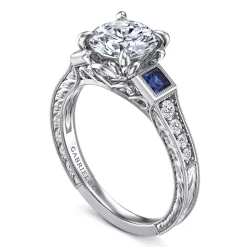 New Gabriel & Co. Lunaria - Vintage Inspired 14K White Round Three Stone Sapphire and Diamond Engagement Ring