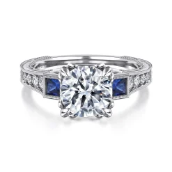 New Gabriel & Co. Lunaria - Vintage Inspired 14K White Round Three Stone Sapphire and Diamond Engagement Ring