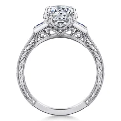 New Gabriel & Co. Lunaria - Vintage Inspired 14K White Round Three Stone Sapphire and Diamond Engagement Ring