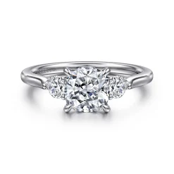 Clearance Gabriel & Co. Madison - 14K White Gold Cushion Cut Three Stone Lotus Diamond Engagement Ring