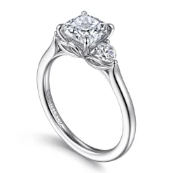 Clearance Gabriel & Co. Madison - 14K White Gold Cushion Cut Three Stone Lotus Diamond Engagement Ring