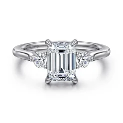 Best Gabriel & Co. Madison - 14K White Gold Emerald Cut Three Stone Lotus Diamond Engagement Ring