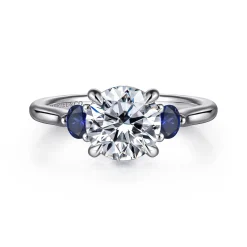 New Gabriel & Co. Madison - 14K White Gold Round Three Stone Lotus Sapphire and Diamond Engagement Ring
